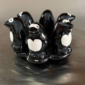 Cute Penguin Candle Holder Centerpiece Black White Ceramic Display Decor